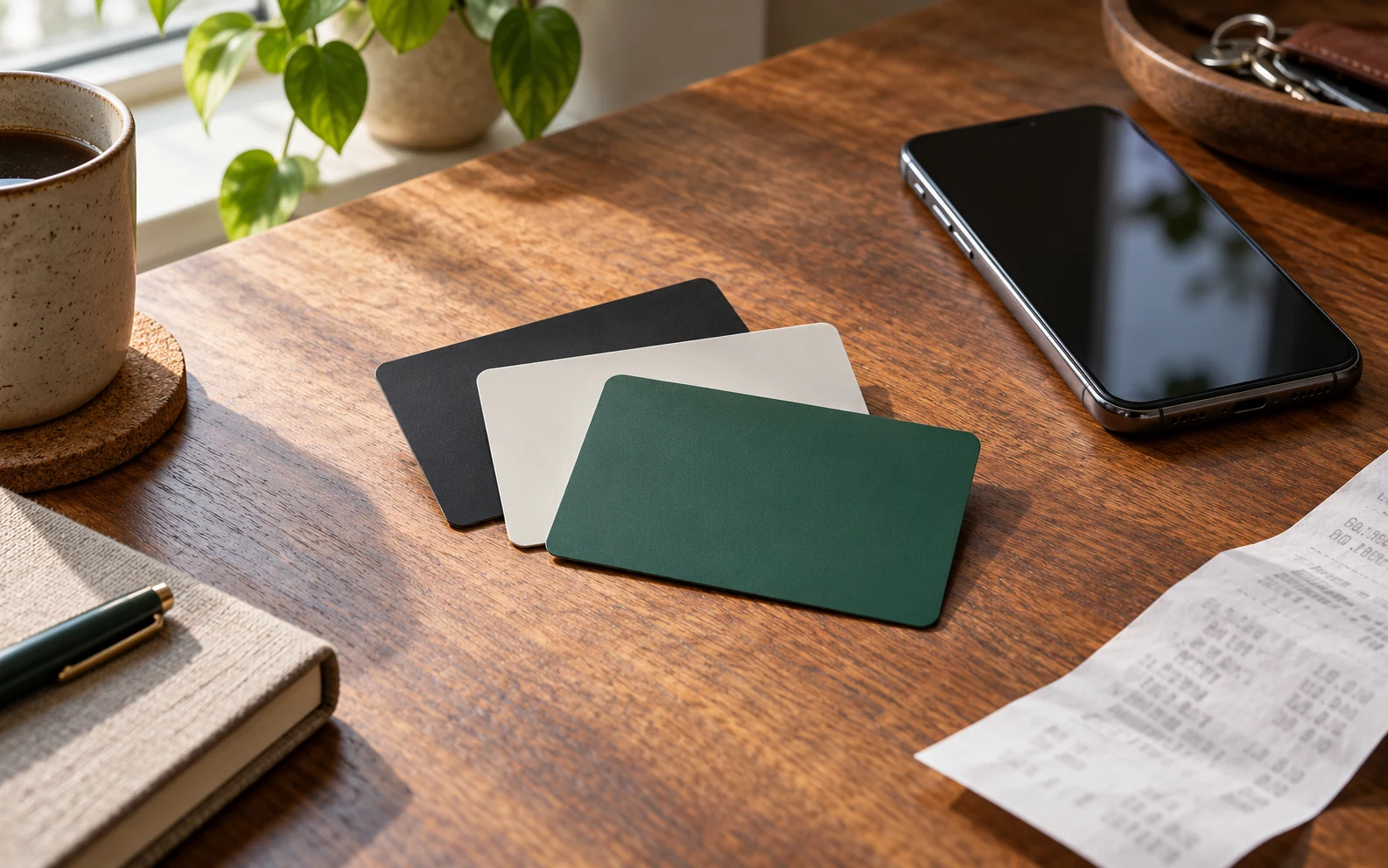 Unbranded gift cards beside a phone and receipt on a desk.