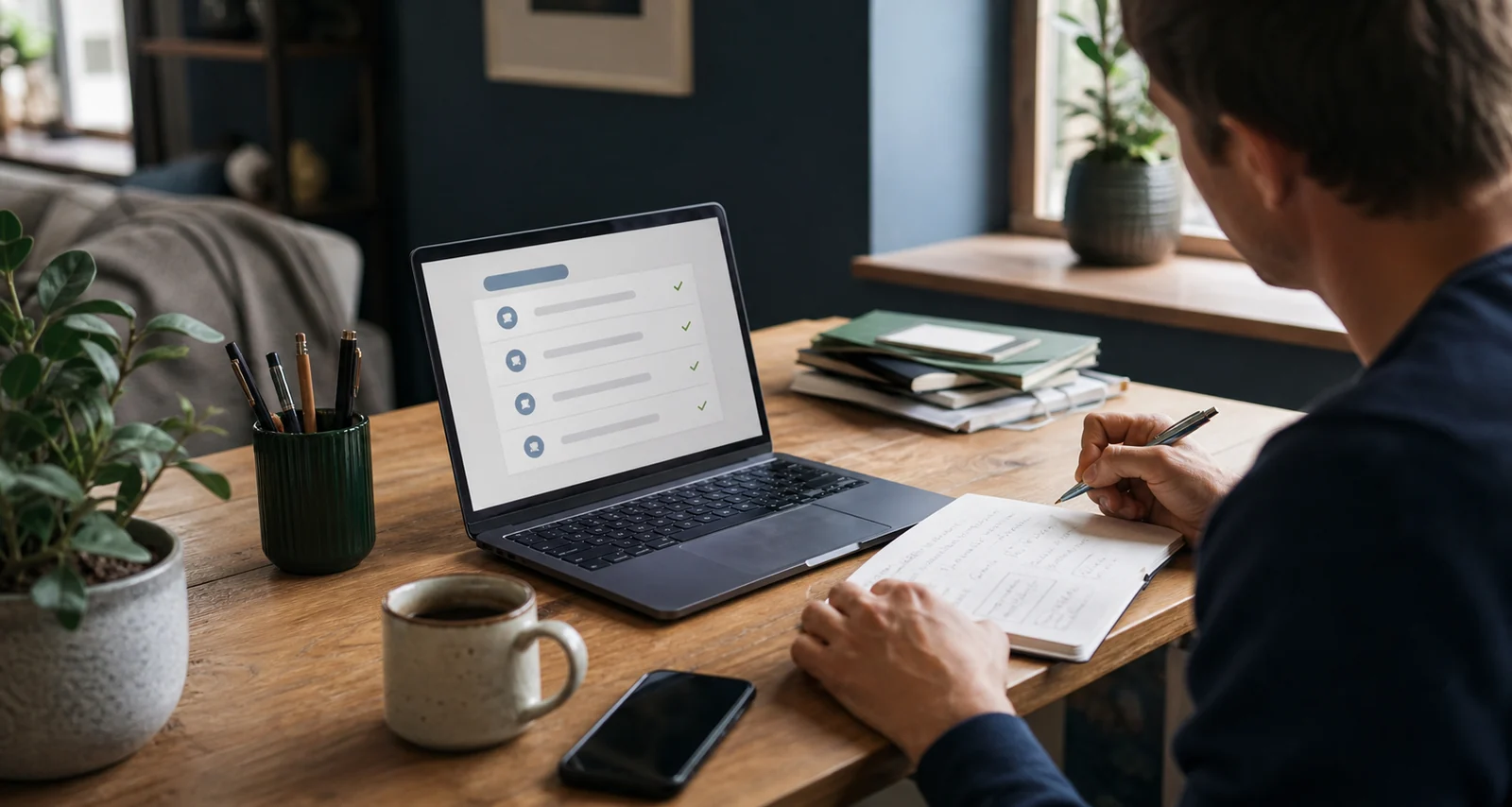 A reader compares an online offer with notes at a home desk.