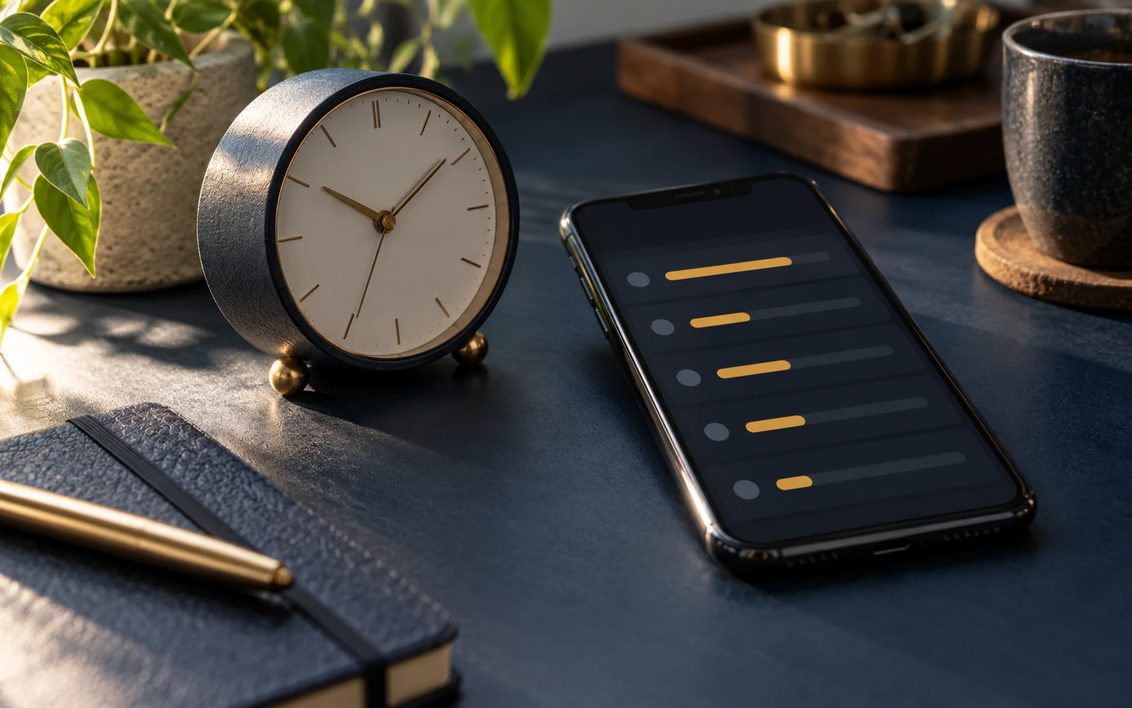 A small desk clock beside a phone with abstract progress indicators.