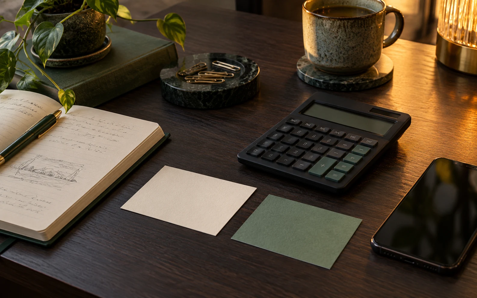 A calculator, blank cards and a notebook on a desk.